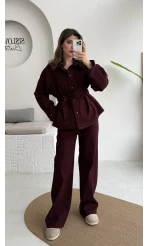 Kuşaklı Gabardin Takım - Mürdüm - Kod: 8897