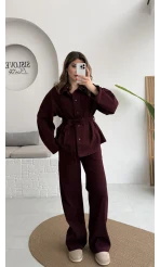 Kuşaklı Gabardin Takım - Mürdüm - Kod: 8897