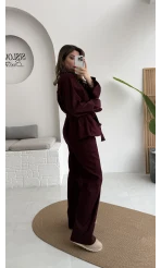 Kuşaklı Gabardin Takım - Mürdüm - Kod: 8897