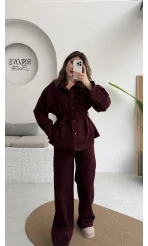 Kuşaklı Gabardin Takım - Mürdüm - Kod: 8897