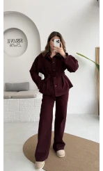 Kuşaklı Gabardin Takım - Mürdüm - Kod: 8897