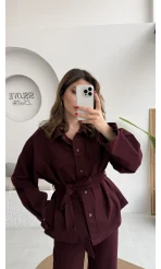 Kuşaklı Gabardin Takım - Mürdüm - Kod: 8897