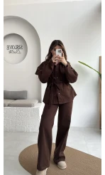 Kuşaklı Gabardin Takım - Acı Kahve - Kod: 8897