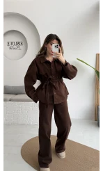 Kuşaklı Gabardin Takım - Acı Kahve - Kod: 8897