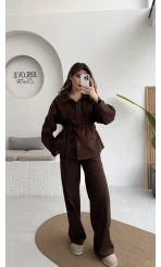 Kuşaklı Gabardin Takım - Acı Kahve - Kod: 8897