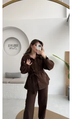 Kuşaklı Gabardin Takım - Acı Kahve - Kod: 8897