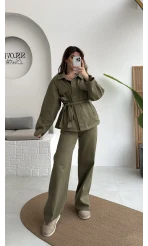 Kuşaklı Gabardin Takım - Haki - Kod: 8897