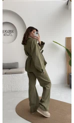 Kuşaklı Gabardin Takım - Haki - Kod: 8897