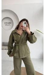 Kuşaklı Gabardin Takım - Haki - Kod: 8897