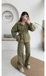 Kuşaklı Gabardin Takım - Haki - Kod: 8897