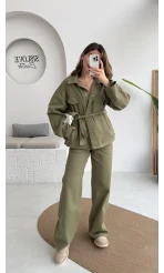 Kuşaklı Gabardin Takım - Haki - Kod: 8897