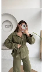 Kuşaklı Gabardin Takım - Haki - Kod: 8897