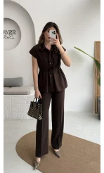 Ruby Vatkalı Sıfır Kol Kemerli Yelek Takım - Kahve - Kod: 8870