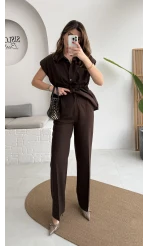 Ruby Vatkalı Sıfır Kol Kemerli Yelek Takım - Kahve - Kod: 8870