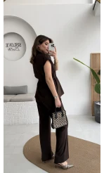 Ruby Vatkalı Sıfır Kol Kemerli Yelek Takım - Kahve - Kod: 8870