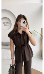 Ruby Vatkalı Sıfır Kol Kemerli Yelek Takım - Kahve - Kod: 8870