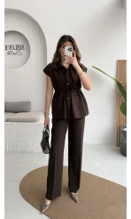 Ruby Vatkalı Sıfır Kol Kemerli Yelek Takım - Kahve - Kod: 8870