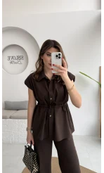 Ruby Vatkalı Sıfır Kol Kemerli Yelek Takım - Kahve - Kod: 8870