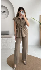 Ruby Vatkalı Sıfır Kol Kemerli Yelek Takım - Haki - Kod: 8870