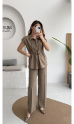Ruby Vatkalı Sıfır Kol Kemerli Yelek Takım - Haki - Kod: 8870