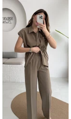 Ruby Vatkalı Sıfır Kol Kemerli Yelek Takım - Haki - Kod: 8870