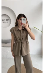 Ruby Vatkalı Sıfır Kol Kemerli Yelek Takım - Haki - Kod: 8870