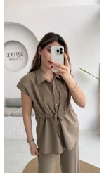 Ruby Vatkalı Sıfır Kol Kemerli Yelek Takım - Haki - Kod: 8870