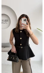 Kemer Detay Gold Düğmeli Yelek - Siyah - Kod: 9682