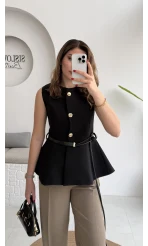 Kemer Detay Gold Düğmeli Yelek - Siyah - Kod: 9682