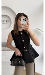 Kemer Detay Gold Düğmeli Yelek - Siyah - Kod: 9682