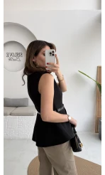 Kemer Detay Gold Düğmeli Yelek - Siyah - Kod: 9682