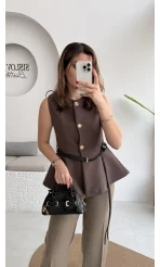 Kemer Detay Gold Düğmeli Yelek - Acı Kahve - Kod: 9682