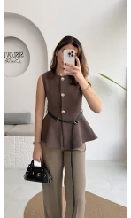 Kemer Detay Gold Düğmeli Yelek - Acı Kahve - Kod: 9682
