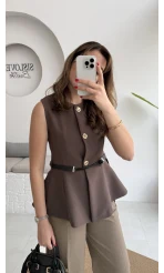 Kemer Detay Gold Düğmeli Yelek - Acı Kahve - Kod: 9682