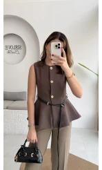 Kemer Detay Gold Düğmeli Yelek - Acı Kahve - Kod: 9682