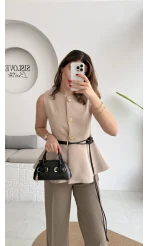 Kemer Detay Gold Düğmeli Yelek - Taş - Kod: 9682