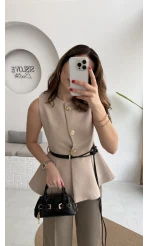 Kemer Detay Gold Düğmeli Yelek - Taş - Kod: 9682