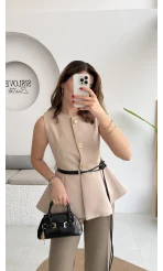 Kemer Detay Gold Düğmeli Yelek - Taş - Kod: 9682