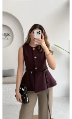 Kemer Detay Gold Düğmeli Yelek - Mürdüm - Kod: 9682