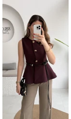 Kemer Detay Gold Düğmeli Yelek - Mürdüm - Kod: 9682