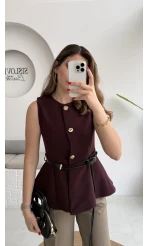 Kemer Detay Gold Düğmeli Yelek - Mürdüm - Kod: 9682