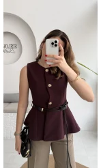 Kemer Detay Gold Düğmeli Yelek - Mürdüm - Kod: 9682