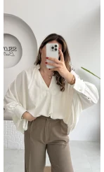 Natalie Yarasa Kol Saten Gömlek - Ekru - Kod: 0575