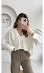 Natalie Yarasa Kol Saten Gömlek - Ekru - Kod: 0575