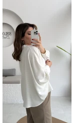 Natalie Yarasa Kol Saten Gömlek - Ekru - Kod: 0575