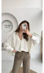 Natalie Yarasa Kol Saten Gömlek - Ekru - Kod: 0575