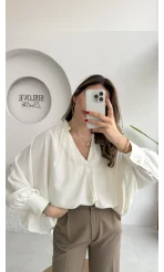 Natalie Yarasa Kol Saten Gömlek - Ekru - Kod: 0575