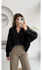 Natalie Yarasa Kol Saten Gömlek - Siyah - Kod: 0575