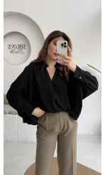 Natalie Yarasa Kol Saten Gömlek - Siyah - Kod: 0575