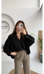 Natalie Yarasa Kol Saten Gömlek - Siyah - Kod: 0575